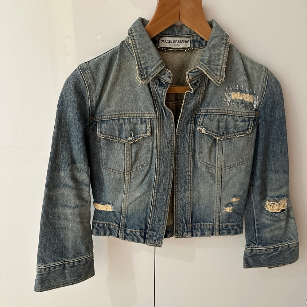 Dolce & Gabbana Light Blue Distressed Cropped Denim Jacket